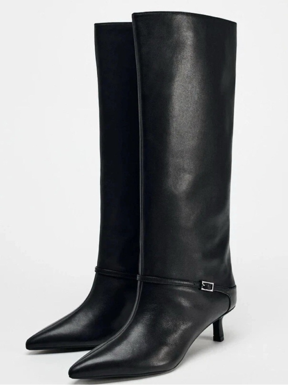 Zara Leather Kitten Heel Knee High Black Boots With Buckle